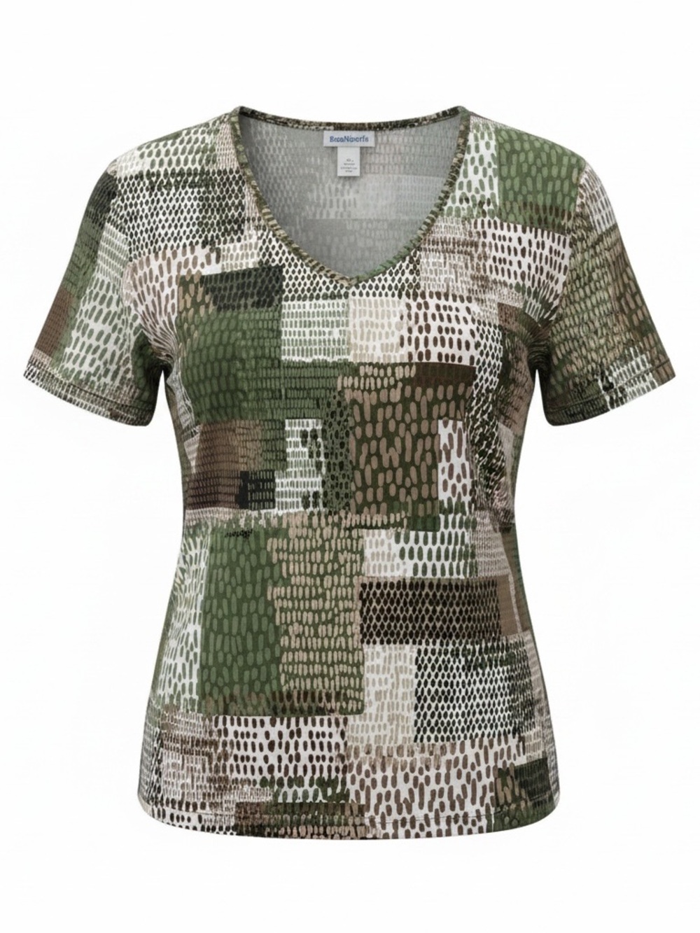 Bon Worth Green and Brown Patchwork V‑Neck Short Sleeve Tee